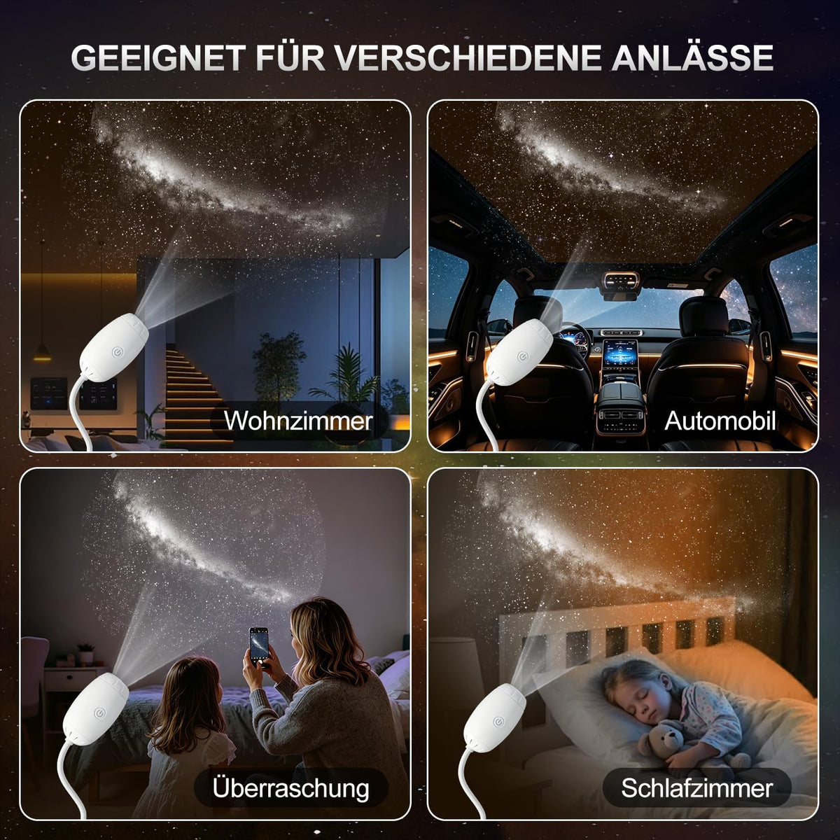 Blink Basket 360° adjustable starry sky projector displaying a galaxy of stars on a dark background with bright points of light.
