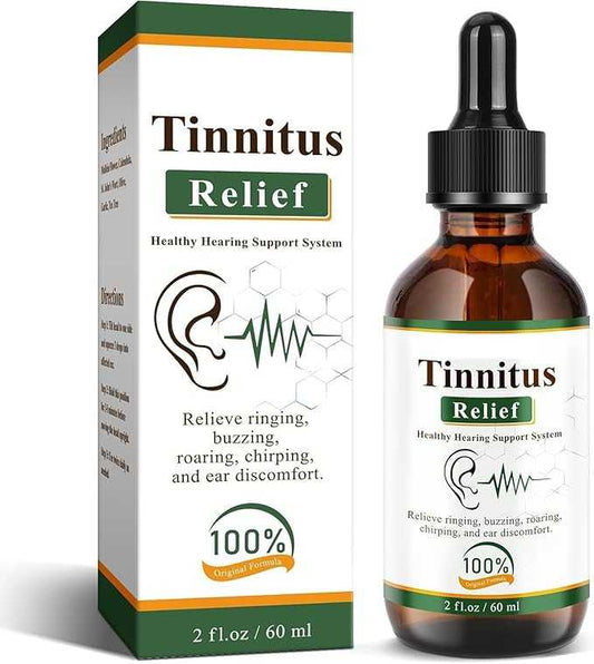 Herbal tinnitus relief drops in a small dropper bottle with green and white label, designed for ear health and soothing ear ringing.