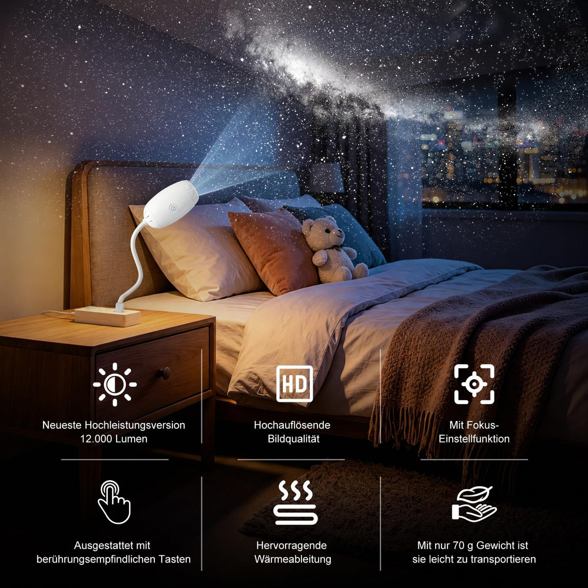 Blink Basket 360° adjustable starry sky projector showing a night sky with twinkling stars and galaxy patterns on a wall.