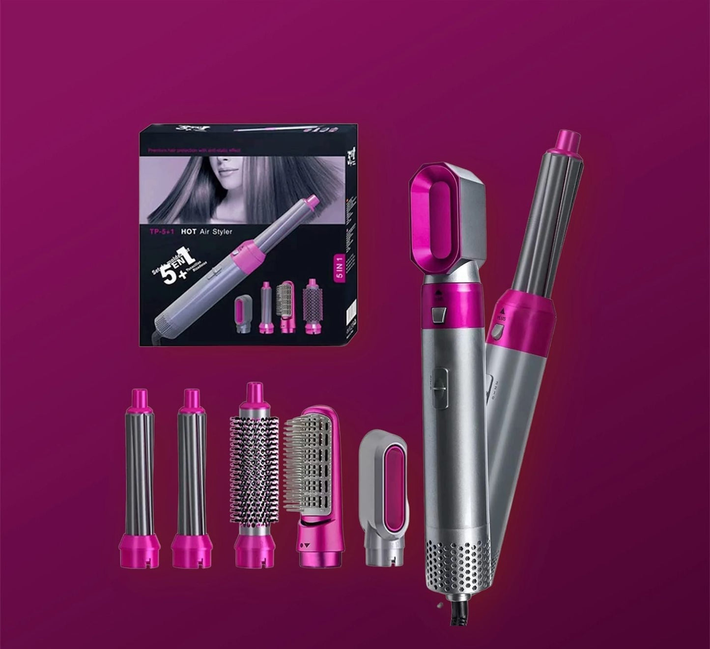 Hair Styler 5-in-1 hot hair styler with multiple attachments for curling, straightening, and styling different hair types.