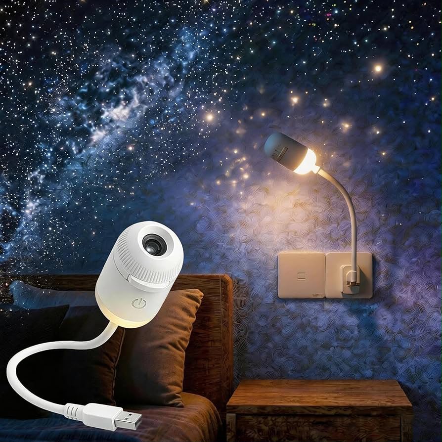 Blink Basket 360° adjustable starry sky projector displaying colorful star patterns on a ceiling in a dark room.