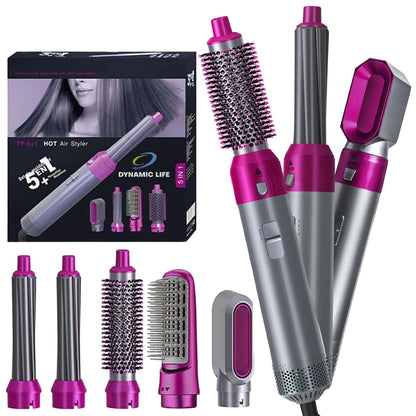 Hair Styler 5-in-1 hot hair styling tool with multiple attachments for curling, straightening, and drying hair.