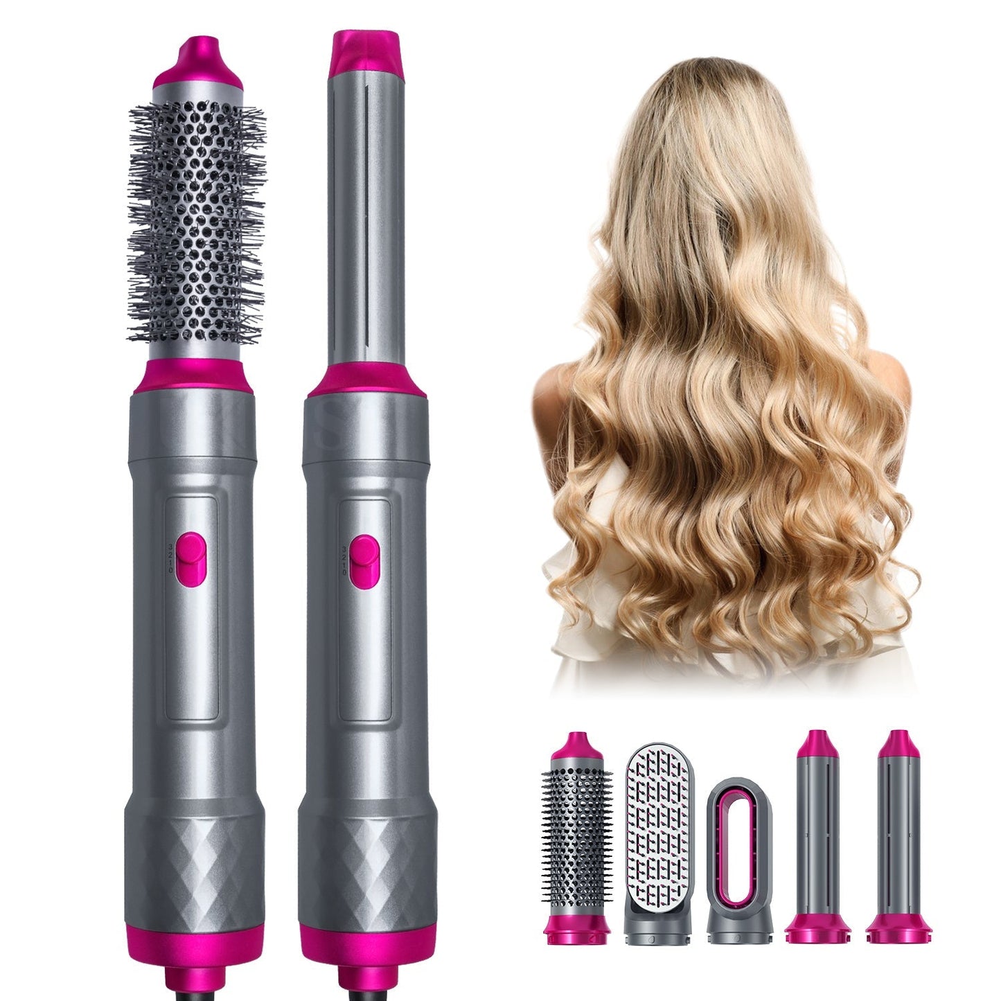 Hair Styler 5-in-1 hot hair styling tool with multiple attachments for curling, straightening, and volumizing hair.