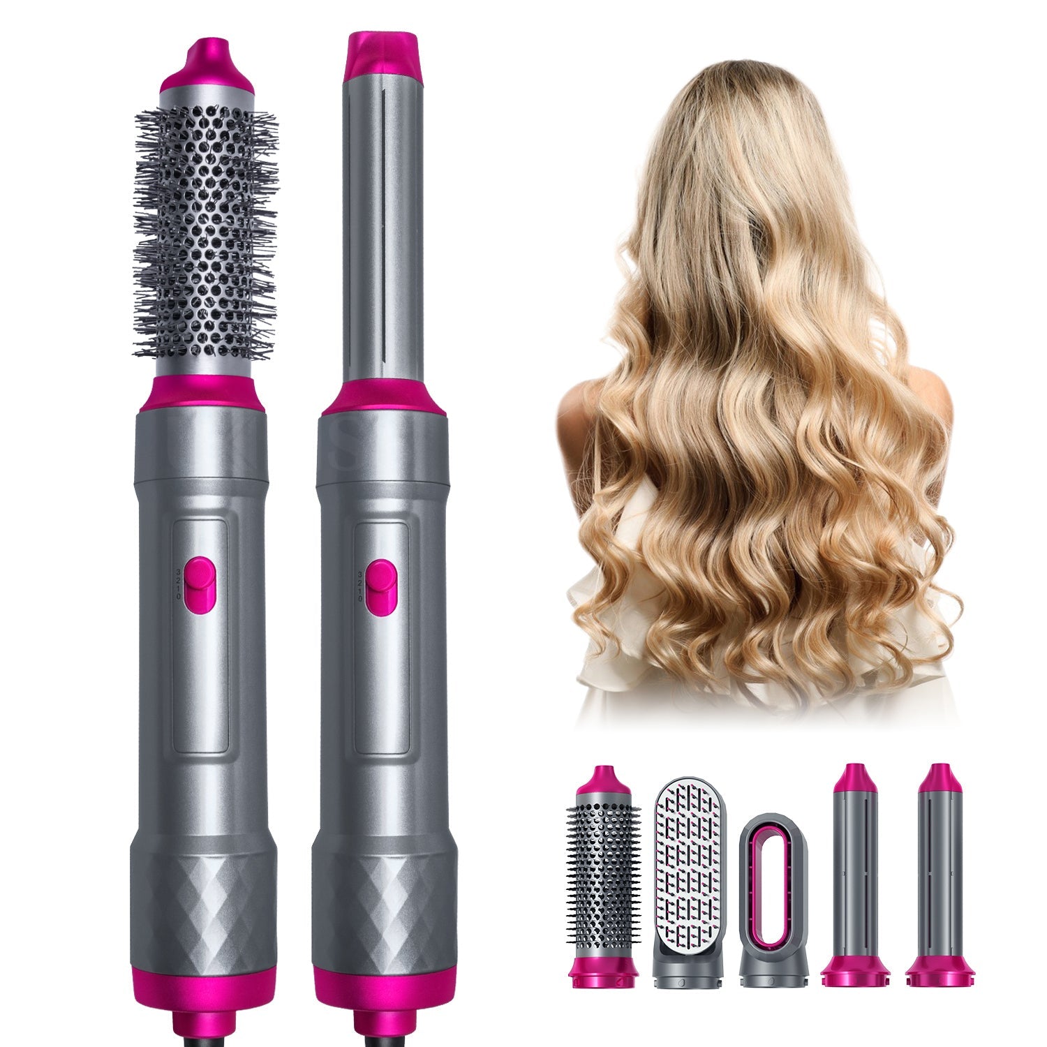 Hair Styler 5-in-1 hot hair styling tool with multiple attachments for curling, straightening, and volumizing hair.